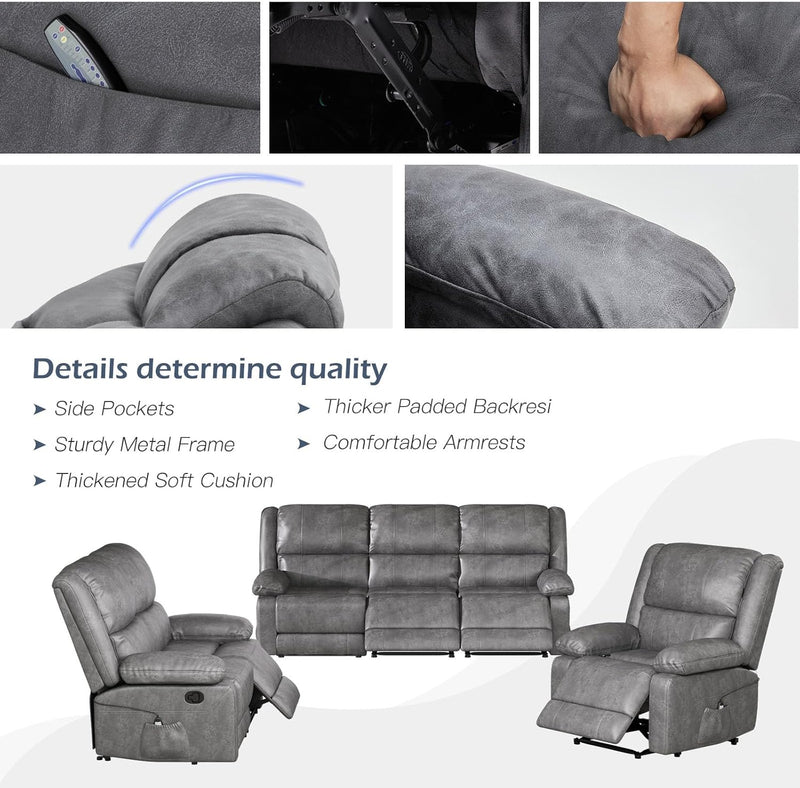 YODOLLA 3 Pieces Recliner Sofa Set with Massage Heated Function, Home Theater Seating Leather Couch Set with Side Pockets, Gray