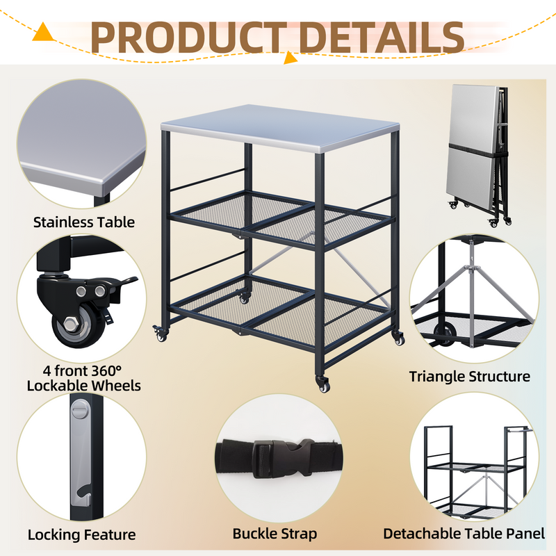 AECOJOY Foldable Outdoor Grill Cart Rolling Dining Table with Three-Shelf,Garden Patio BBQ Kitchen Food Prep Cart,Grey