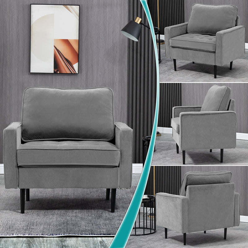 AVAWING Modern Velvet Single Sofa Chair Set of 2 with Cushions Accent Armchair with Metal Legs Comfy Tufted Upholstered Armchair for Living Room, Bedroom, Office, Reading Room, Grey