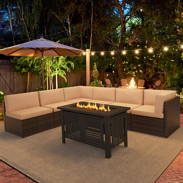 YODOLLA 7-Piece Patio Furniture Set with 43" Fire Pit Table, Rattan Wicker Outdoor Sectional Sofa Couch with Table Patio Conversation Set for Lawn& Backyard In Beige