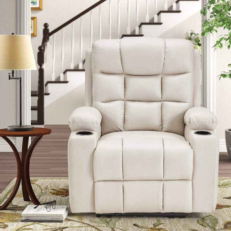 YODOLLA Oversized Nursery Electric Recliner Chair, Power Sofa with USB & Cup Holders, Breathable Leather Fabric, Home Theater Seating in White