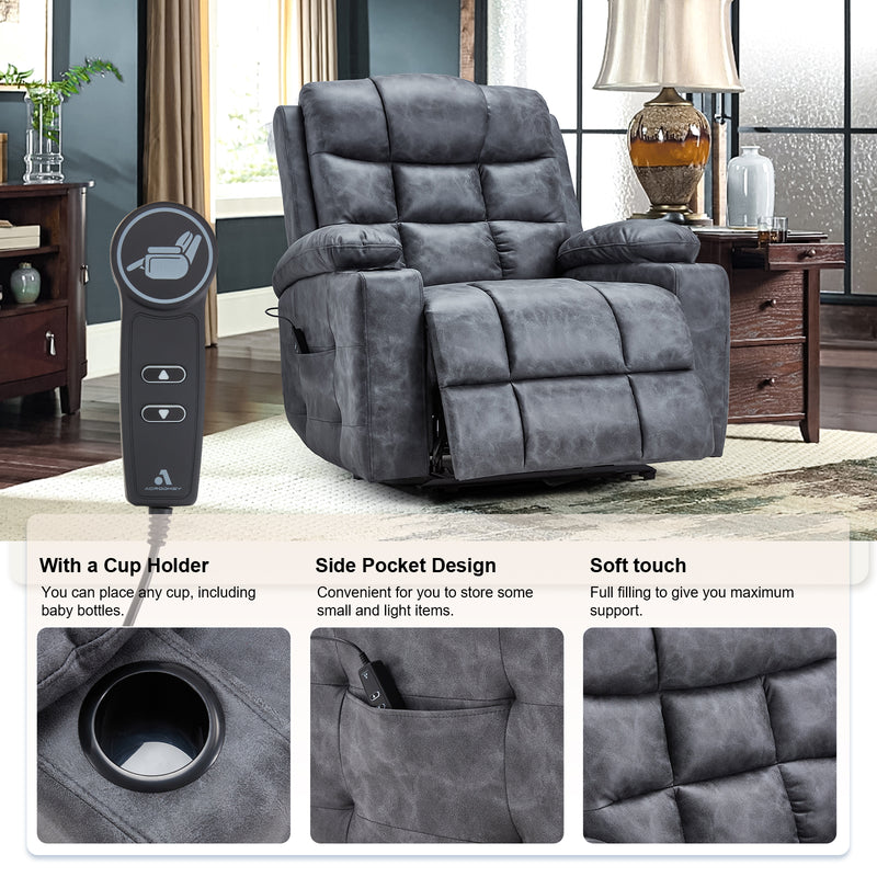 YODOLLA Oversized Nursery Electric Recliner Chair, Power Sofa with USB & Cup Holders, Breathable Leather Fabric, Home Theater Seating in Bronze Dark Grey