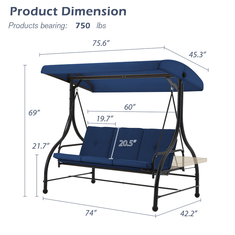 AECOJOY 3 Person Canopy Steel Porch Swing, Converting Swing Glider Hammock-Dark Blue