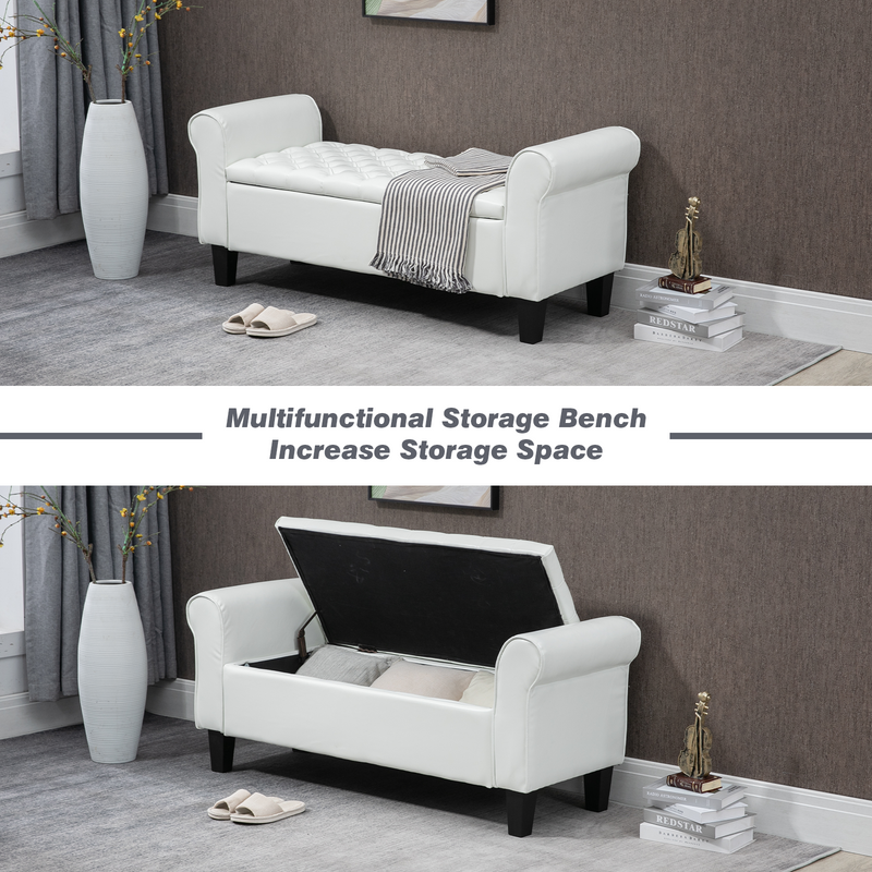 AVAWING Upgraded Armed Storage Bench, Leather Upholstered Bench Footrest with Hinged Lid for Living Room & Bedroom, White