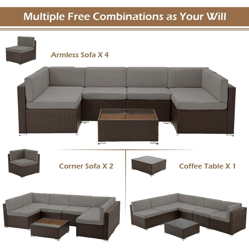 YODOLLA 7-Piece Patio Furniture Set, Brown Rattan Wicker Sectional Sofa Couch Outdoor Conversation Set with Table In Gray