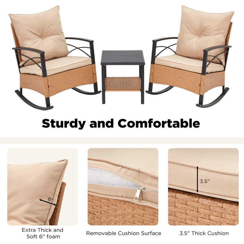 3-Piece Bistro Set: Outdoor Rattan Rocking Chairs with Cushions and Coffee Table