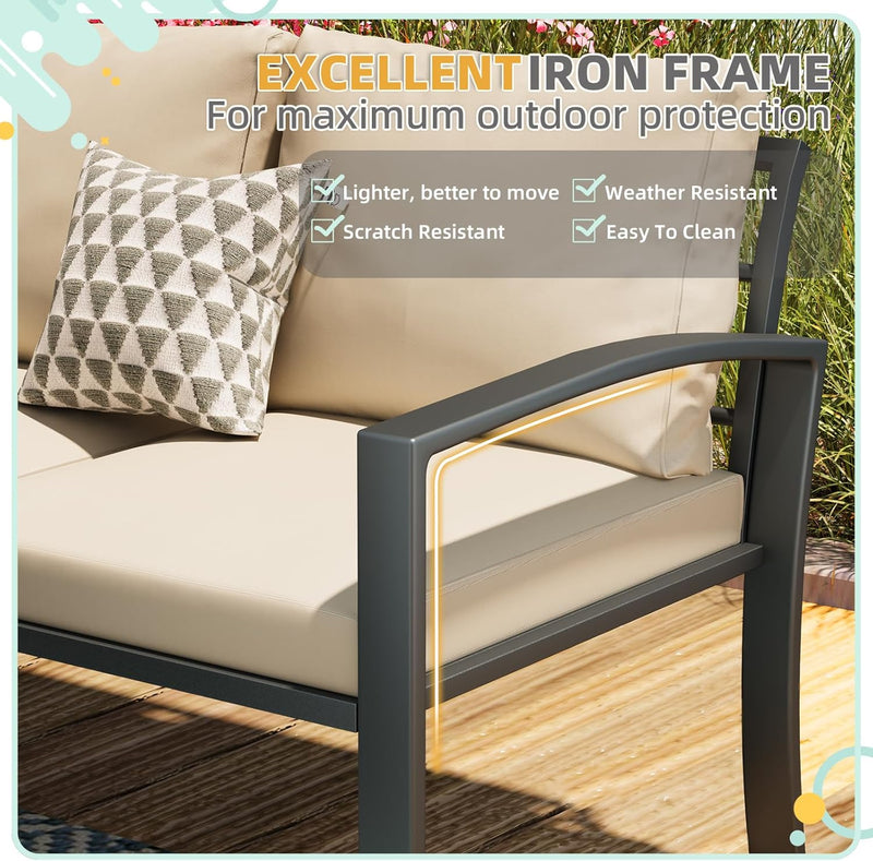 AECOJOY Metal Patio Furniture Set with Cover Outdoor Furniture sets With Storage Boxes on Sale with Beige Cushion for Balcony Porch, Lawn and More