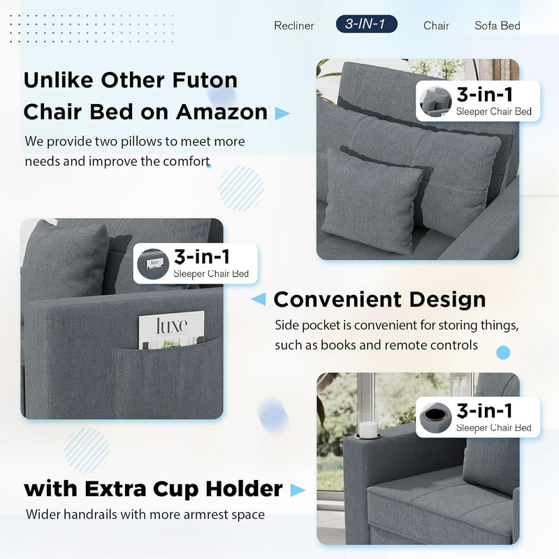 YODOLLA 3-in-1 Futon Convertible Sleeper Sofa Bed Chair with Cup Holder for Living Room,Pull Out Couch in Dark Grey