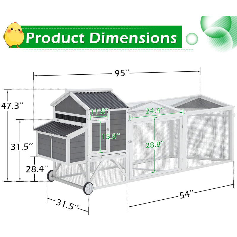 YODOLLA 95" Chicken Coop with Wheels, Hen House Wooden Chicken Hutch Poultry Cage w/Run, Nesting Boxes, Ramps, Removable Tray for Barkyard