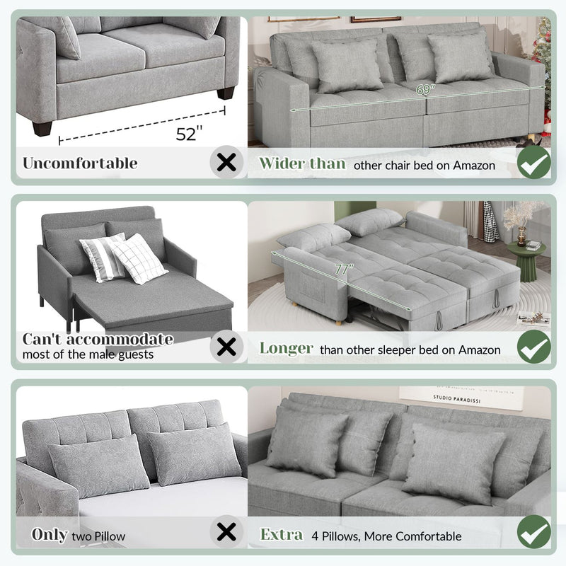 AECOJOY 71" Sleeper Sofa Bed & 3-in-1 Futon Pull Out Couch for Living Room & Bedroom, Convertible Loveseat in Gray