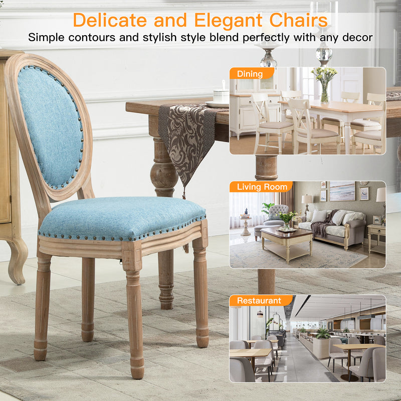 AVAWING French Country Dining Chairs Set of 4, Farmhouse Fabric Dining Room Chairs Vintage Chair with Round Back, Solid Wood Legs Kitchen Chair for Dining Room/Living Room/Kitchen/Restaurant, Blue