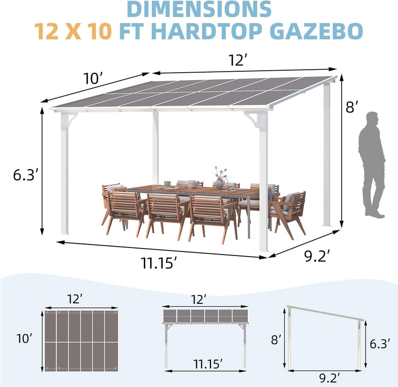 YODOLLA 10' x 12' Hardtop Gazebo Outdoor Aluminum Pergola for Garden, Patio, Backyard-White
