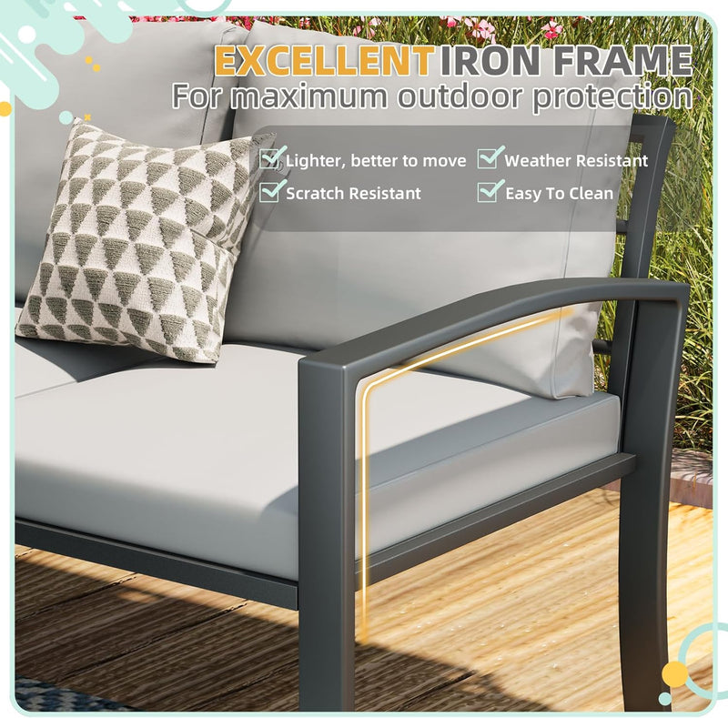 AECOJOY Patio Furniture sets Outdoor Metal Furniture sets with Two Storage Boxes on Sale Patio Conversation Set With Light Grey Cushions
