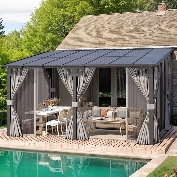 YODOLLA 14' x 10' Hardtop Gazebo Outdoor Lean to Gazebo with Netting and Curtain Aluminum Metal Pergola For Garden, Patio, Backyard-Dark Gray