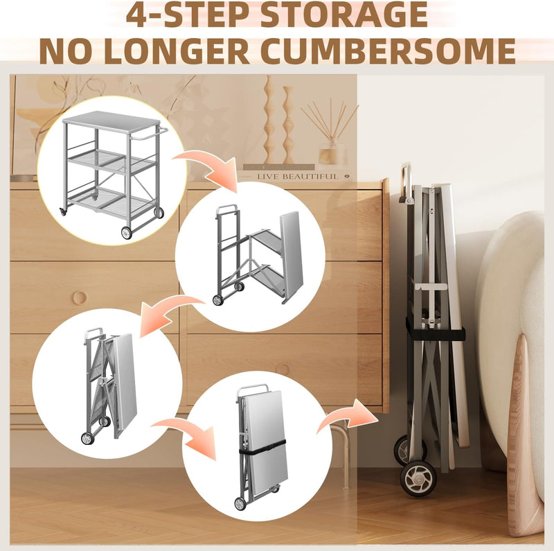 AECOJOY Foldable Outdoor Grill Cart 3 Tiers Stainless Steel Rolling Cart with Wheels Metal Utility Storage Trolley,Silver