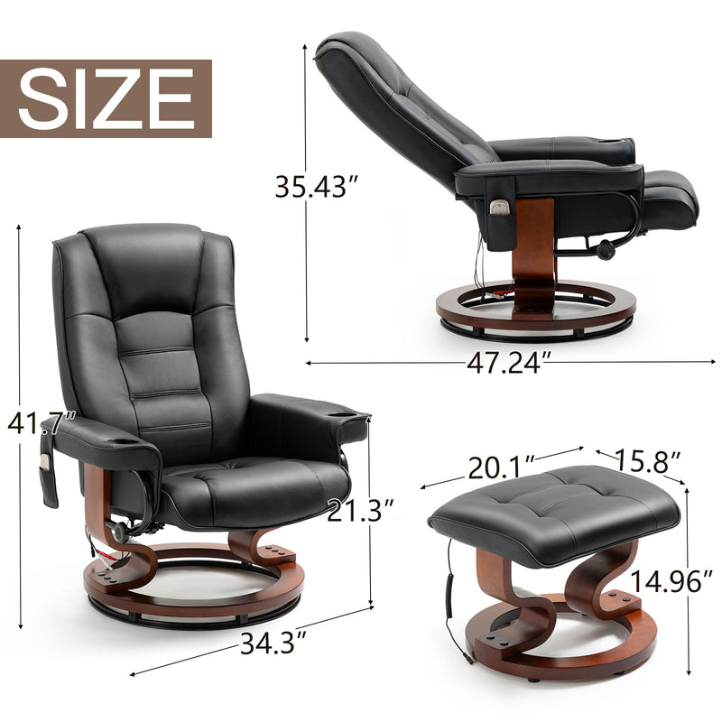 AVAWING Reclining Chair with Vibration Massage Faux Leather Recliner with Ottoman Swivel Wood Recliner Chairs for Living Room, Black
