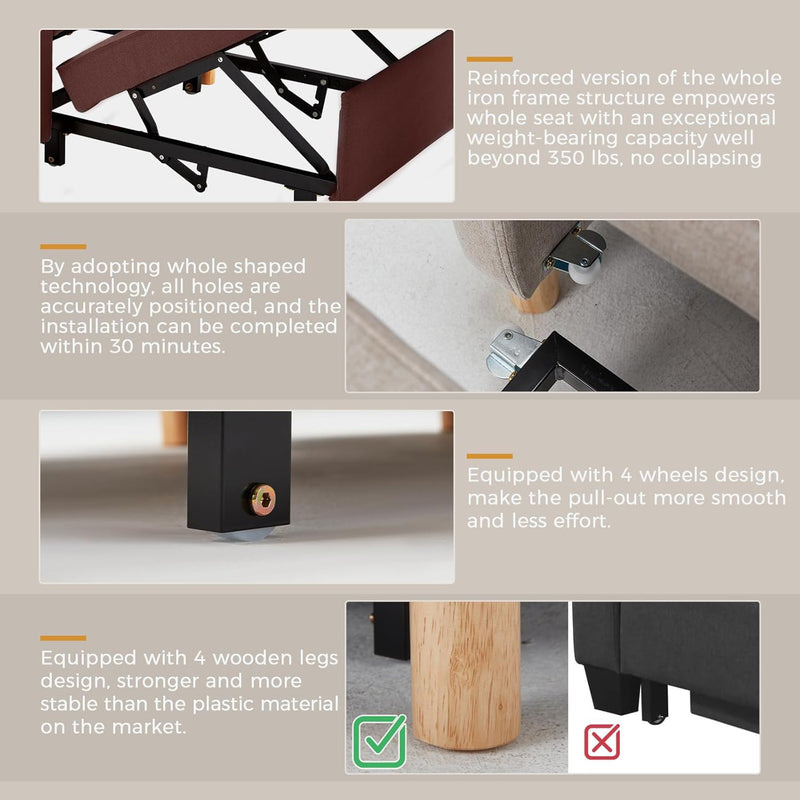 AECOJOY Sleeper Chair Bed 3 in 1 Sofa Bed for Adults Fold Out Sofa Convertible Reading Chair Saddle Brown