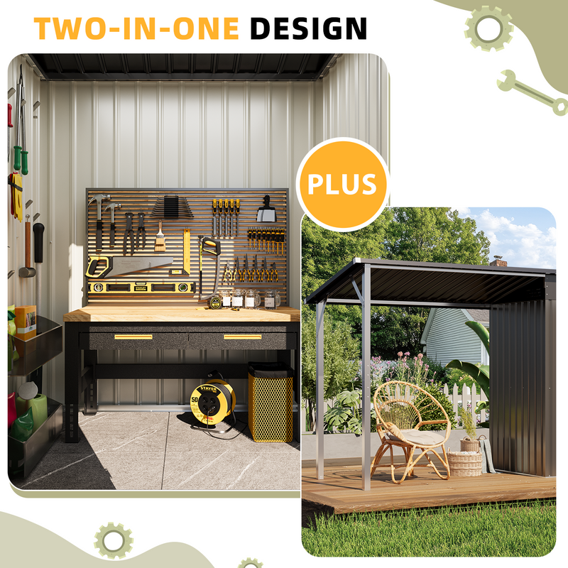 YODOLLA Outdoor Open-Sided Storage Shed, 3x5 Sheds & Outdoor Storage with 15 Sq. Ft Covered, 5x3 Small 2-in-1 Tool Shed with Attached Hardtop Metal Pergola Gazebo