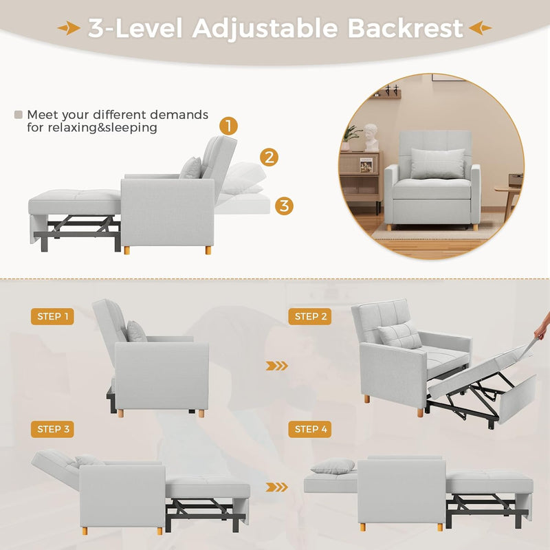 AECOJOY 3 in 1 Sofa Bed for Adults Sleeper Chair Bed Fold Out Sofa Convertible Reading Chair in Light Grey