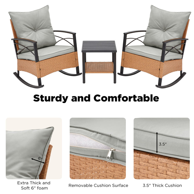 3-Piece Bistro Set: Outdoor Rattan Rocking Chairs with Cushions and Coffee Table