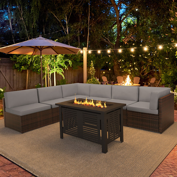 YODOLLA 7-Piece Patio Furniture Set with 43" Fire Pit Table, Rattan Wicker Outdoor Sectional Sofa Couch with Table Patio Conversation Set for Lawn& Backyard In Brown&Gray