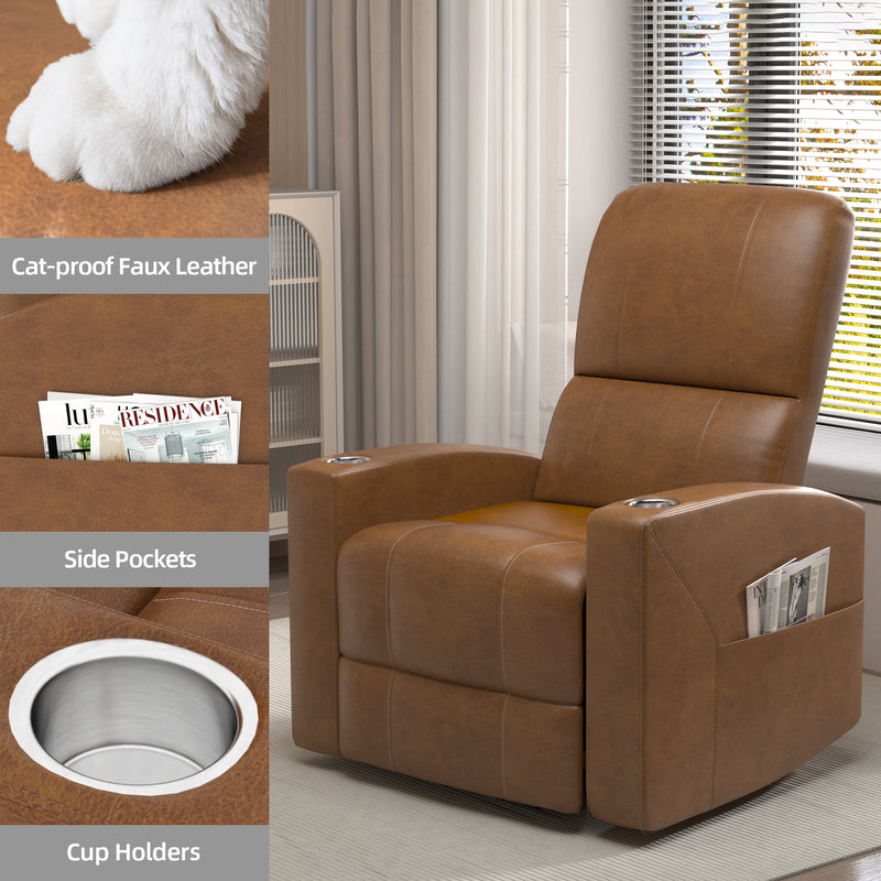 YODOLLA Power Recliner Chair Faux Leather Sofa Chair for Adult with Side Pocket and Cup Holders Nursery, Living Room, Bedroom, Brown