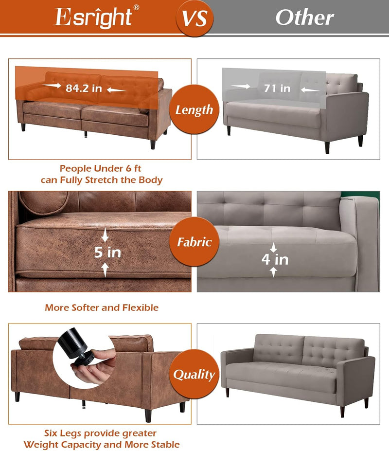 Esright 84.2" Faux Leather Couch, Mid-Century Modern Sofa Couches with 2 Bolster Pillows, 3 Seats Brown Leather Couch Sofa for Living Room, Bedroom, Office, Studio and More