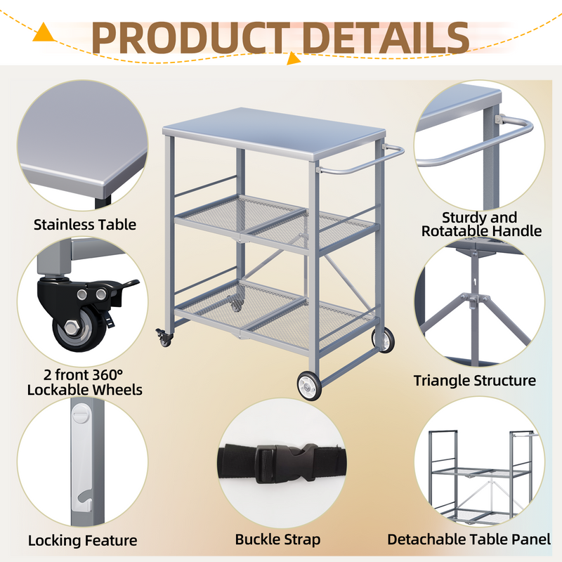 YODOLLA Foldable Outdoor Grill Cart 3 Tiers Stainless Steel Rolling Cart with Wheels Metal Utility Storage Trolley,Silver