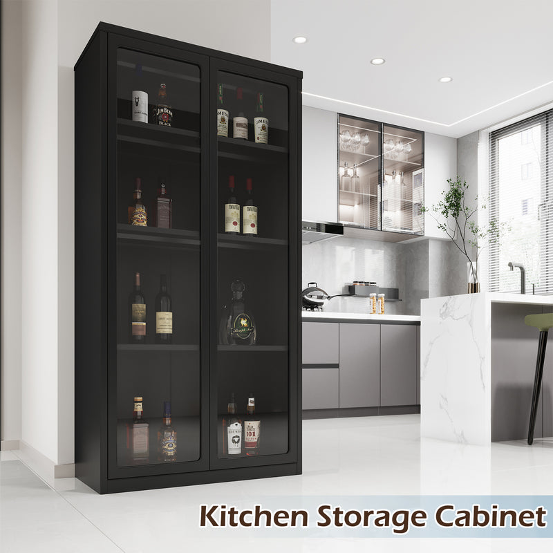YODOLLA Display Cabinet with Acrylic Glass Doors Storage Cabinets with Adjustable Shelves Pantry Storage Cabinet Metal Curio Cabinet for Living Room Office and Kitchen, Black