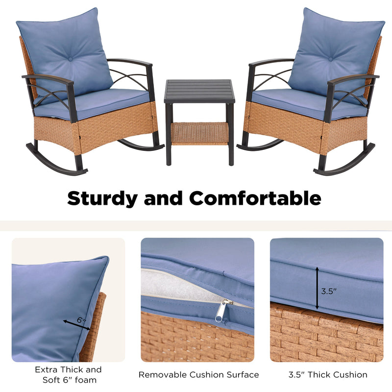 3-Piece Bistro Set: Outdoor Rattan Rocking Chairs with Cushions and Coffee Table