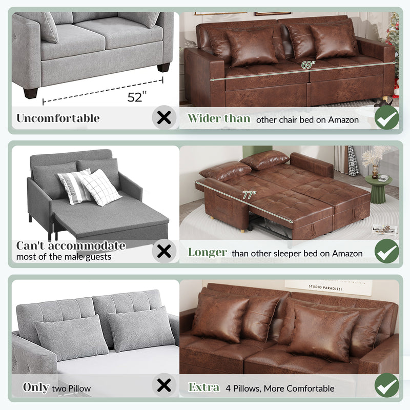YODOLLA 71" Sleeper Sofa Bed & 3-in-1 Futon Pull Out Couch for Living Room & Bedroom, Convertible Loveseat in Saddle Brown