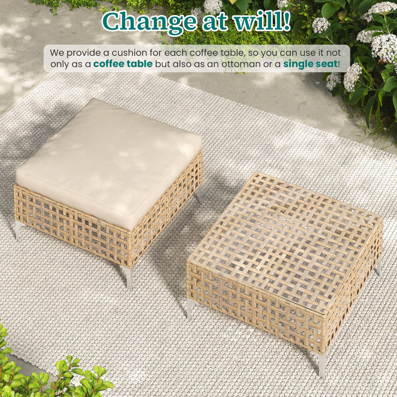 YODOLLA 5-Piece Patio Furniture Set, Boho Style Rattan Wicker 3-Seater Sofa Couch & Single Sofa Couch with Table In Beige