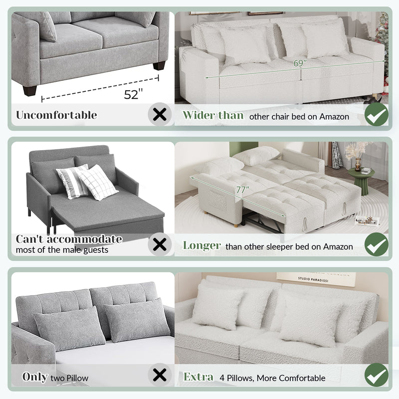 YODOLLA 71" Sleeper Sofa Bed & 3-in-1 Futon Pull Out Couch for Living Room & Bedroom, Convertible Loveseat in Teddy Velvet White