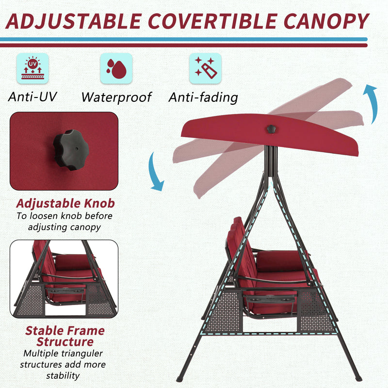 AECOJOY 3 Persons Outdoor Patio Canopy Steel Porch Swing Chair-Red, Porch Swing