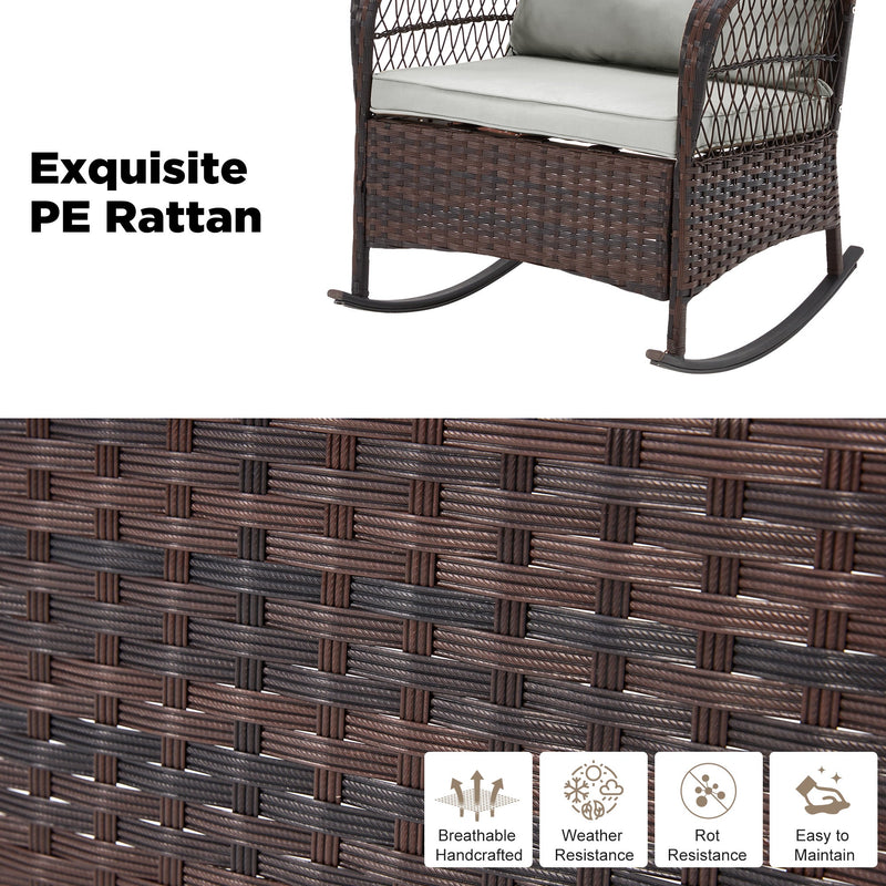 3-Piece Rattan Rocking Bistro Set with Glass Coffee Table for Porch & Garden