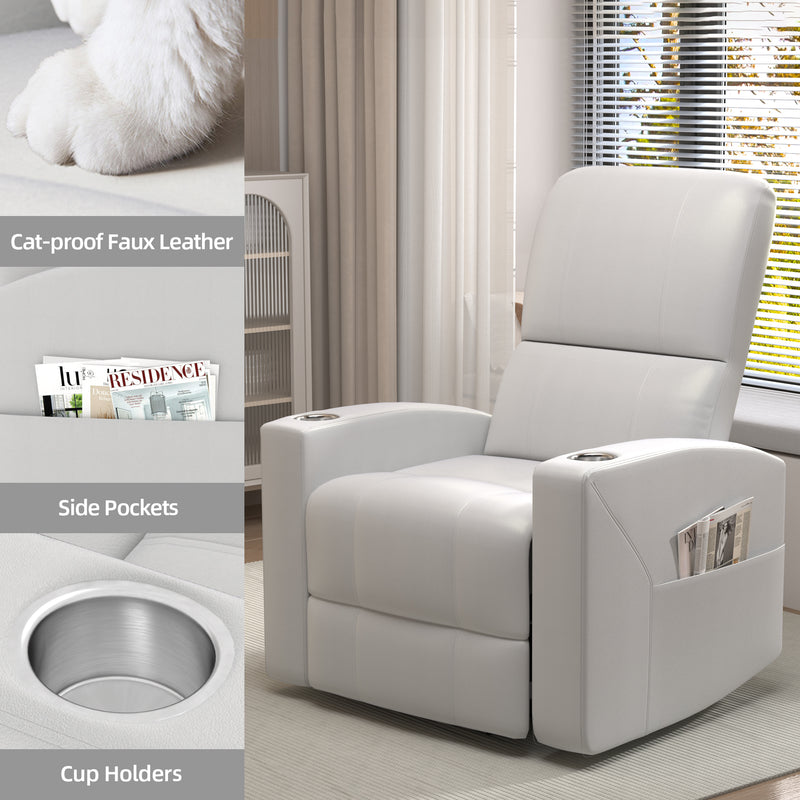 YODOLLA Power Recliner Chair Faux Leather Sofa Chair for Adult with Side Pocket and Cup Holders Nursery, Living Room, Bedroom, White