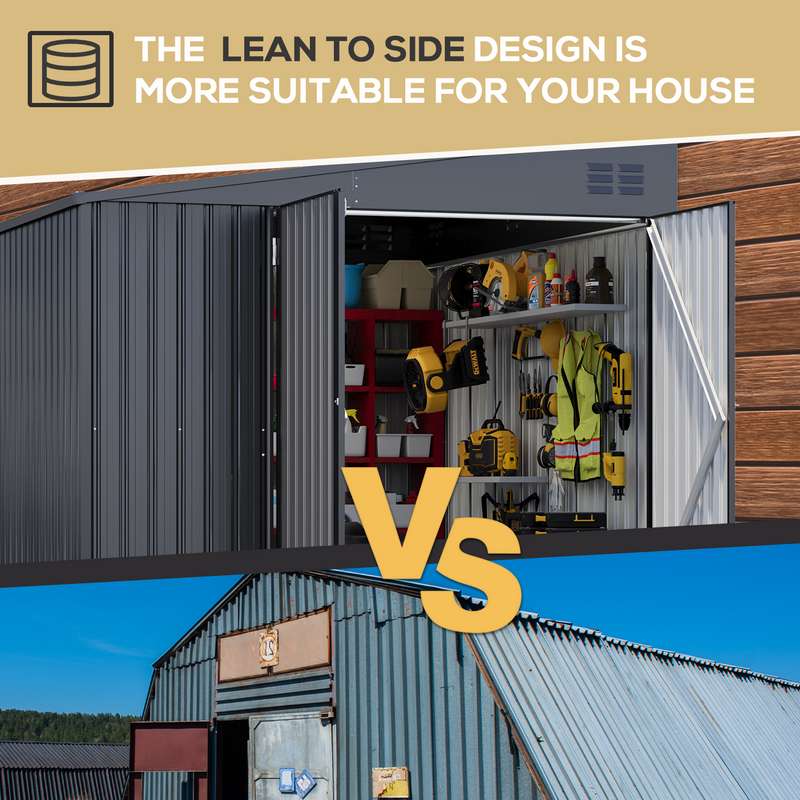 YODOLLA 8' x 10' Outdoor Metal Storage Side Shed with Lockable Door Metal Attached Lean-To Shed for Backyard in Dark Grey