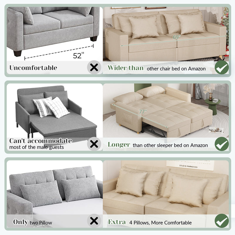 YODOLLA 71" Sleeper Sofa Bed & 3-in-1 Futon Pull Out Couch for Living Room & Bedroom, Convertible Loveseat in Beige