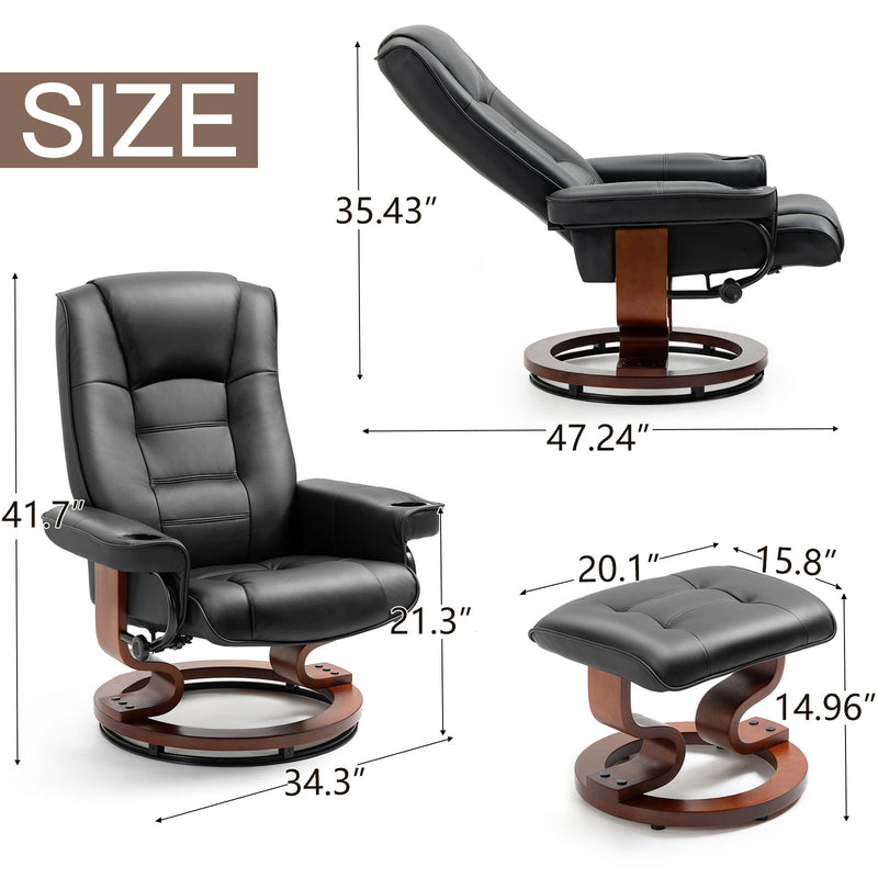 AVAWING Recliner Chair with Ottoman Adjustable Swivel Chair with Footrest 360¡ã Swivel PU Leather Reclining Chair with Footrest for Living Room Recliner and Ottoman with Wood Base, Black