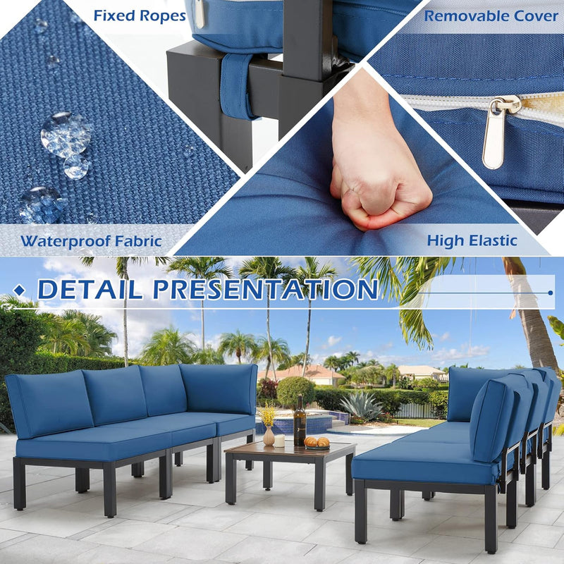 AECOJOY 7 Pieces Metal Outdoor Sectional Sofa with Waterproof Cover,Patio Furniture Sets on Sales Patio Conversation Set with Coffee Table Clearance,Blue