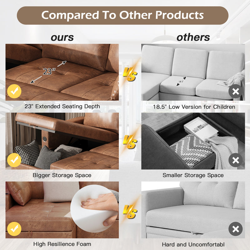 YODOLLA Sofa Bed, 3 in 1 Sleeper Sofa with Storage Chair, Faux Leather L Shape Couch, Sectional Pull Out Sofa Bed Mid Century Modern Couch for Living Room Clearance, Comfy Sleeper Couch in Brown
