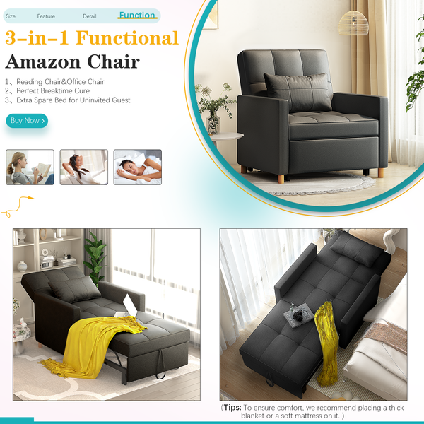 YODOLLA Sleeper Sofa Chair, 3 in 1 Sleeper Chairs for Adults, Pull Out Chair Bed Sleeper with Extra Pillow and Multi-Functional Fold Out Chair Bed for Small Space (Black leather)