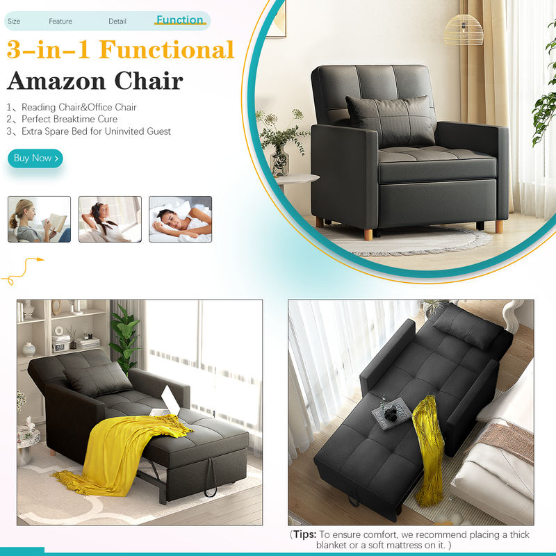 YODOLLA Sleeper Sofa Chair, 3 in 1 Sleeper Chairs for Adults, Pull Out Chair Bed Sleeper with Extra Pillow and Multi-Functional Fold Out Chair Bed for Small Space (Black leather)