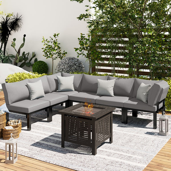YODOLLA 7 piece Outdoor Patio furniture Set Clearance Metal Patio Sectional Sofa Set on sale with Grey Cushions and 30" Fire Pit Table
