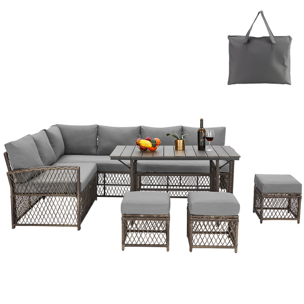 AECOJOY 7 Piece Patio Furniture Set PE Rattan Outdoor Dining Set Sectional Sofa Couch with Table Patio Conversation Set in Gray