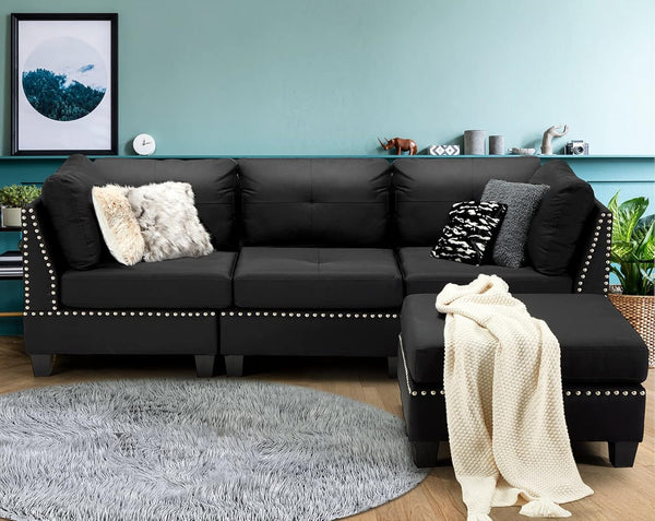 YODOLLA 88.6" Sectional Sofa with Ottoman, L Shape Tufted Living Room Couch with Chaise - Black