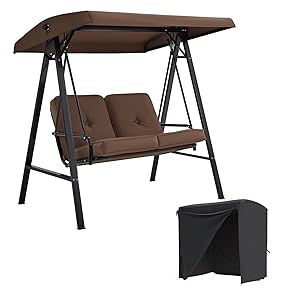 AECOJOY 2-Seat Outdoor Patio Swing Chair with Cover, Porch Swings Chairs for Adult, Outside Swing Bench with Adjustable Canopy&Removable Cushion,