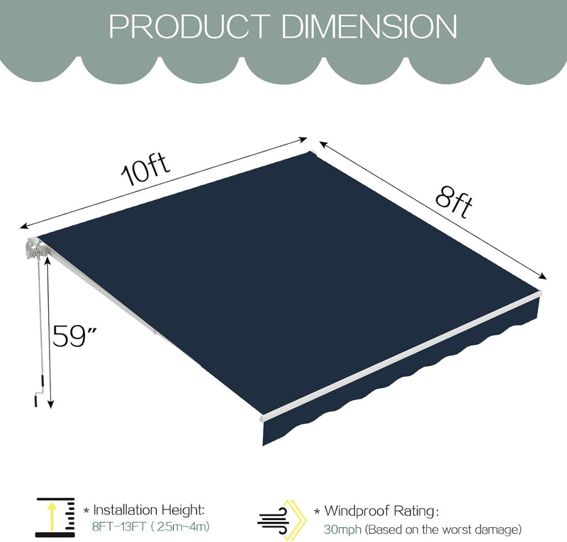 AECOJOY 8' x 10' Manual Retractable Patio Awning,Outdoor Awning Retractable Sunshade Shelter in Dark Blue