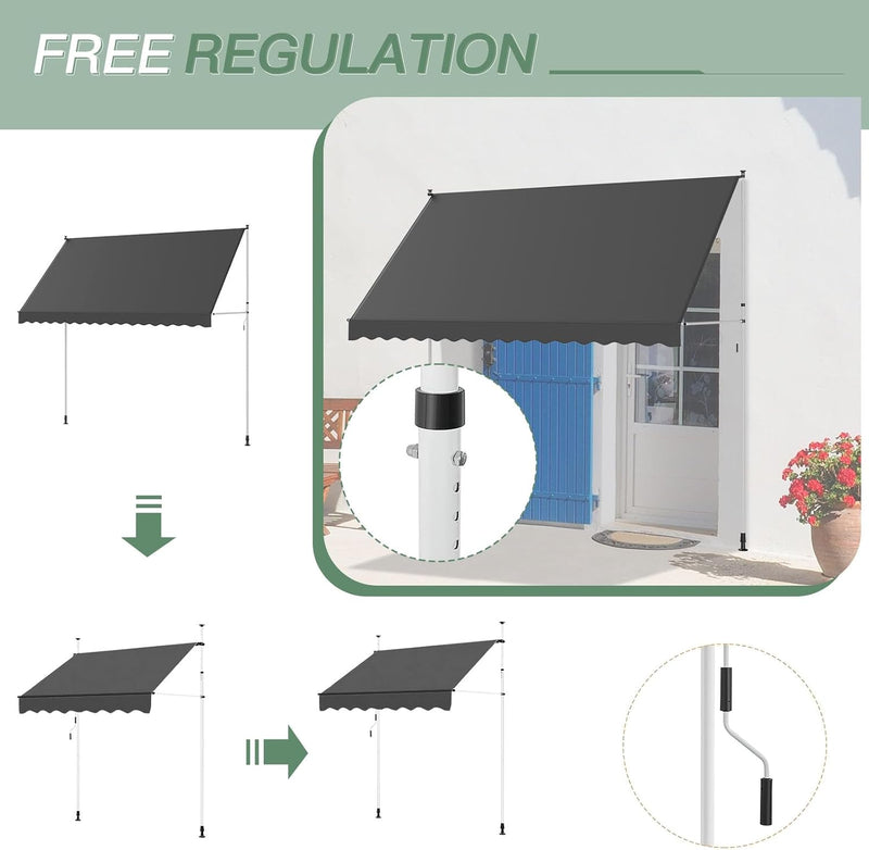 AECOJOY Manual Retractable Awning, 118" Non-Screw Outdoor Patio Awning, Adjustable Pergola Sun Shade Cover with UV Protection, Ideal Outdoor Canopy for Window or Door, Dark Grey
