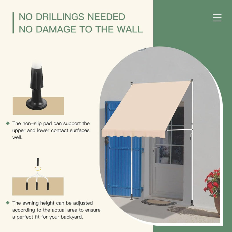 AECOJOY Manual Retractable Awning, 78" Non-Screw Outdoor Patio Awning, Adjustable Pergola Sun Shade Cover with UV Protection, Ideal Outdoor Canopy for Window or Door, Beige